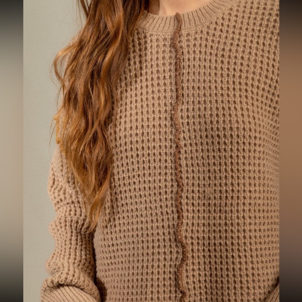 Very J Mocha Stitch Detail Casual Round Neck Sweater - Picture 3 of 6